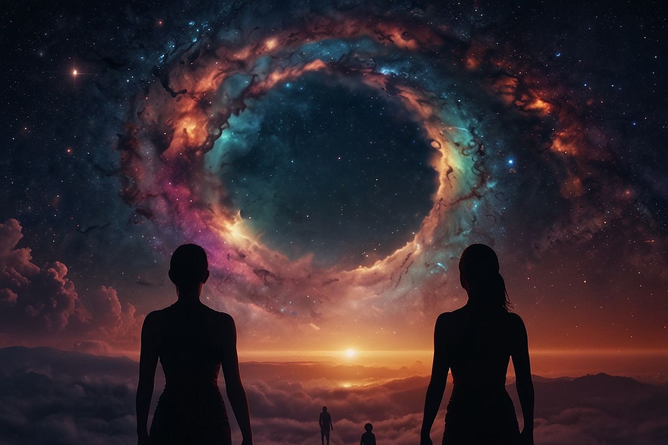 Silhouettes of people gazing at a colorful cosmic vortex and sunset above the clouds.