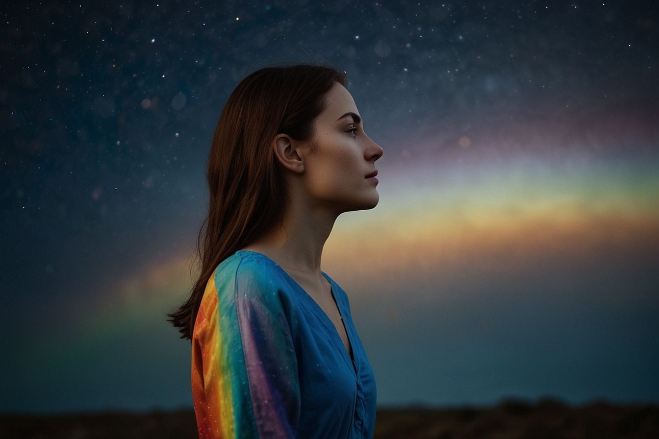 Woman in a blue dress with rainbow colors, gazing at the starry night sky.