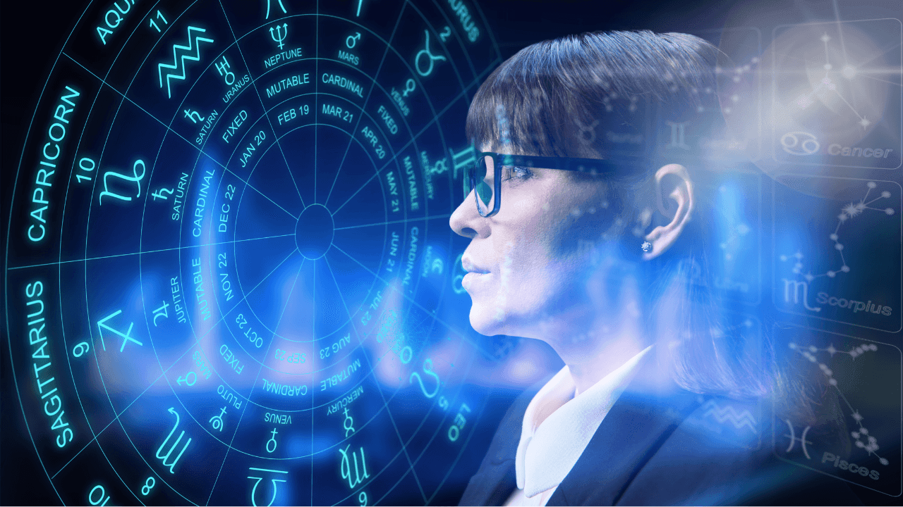 Profile of a person wearing glasses, looking at a glowing zodiac chart with astrological symbols.