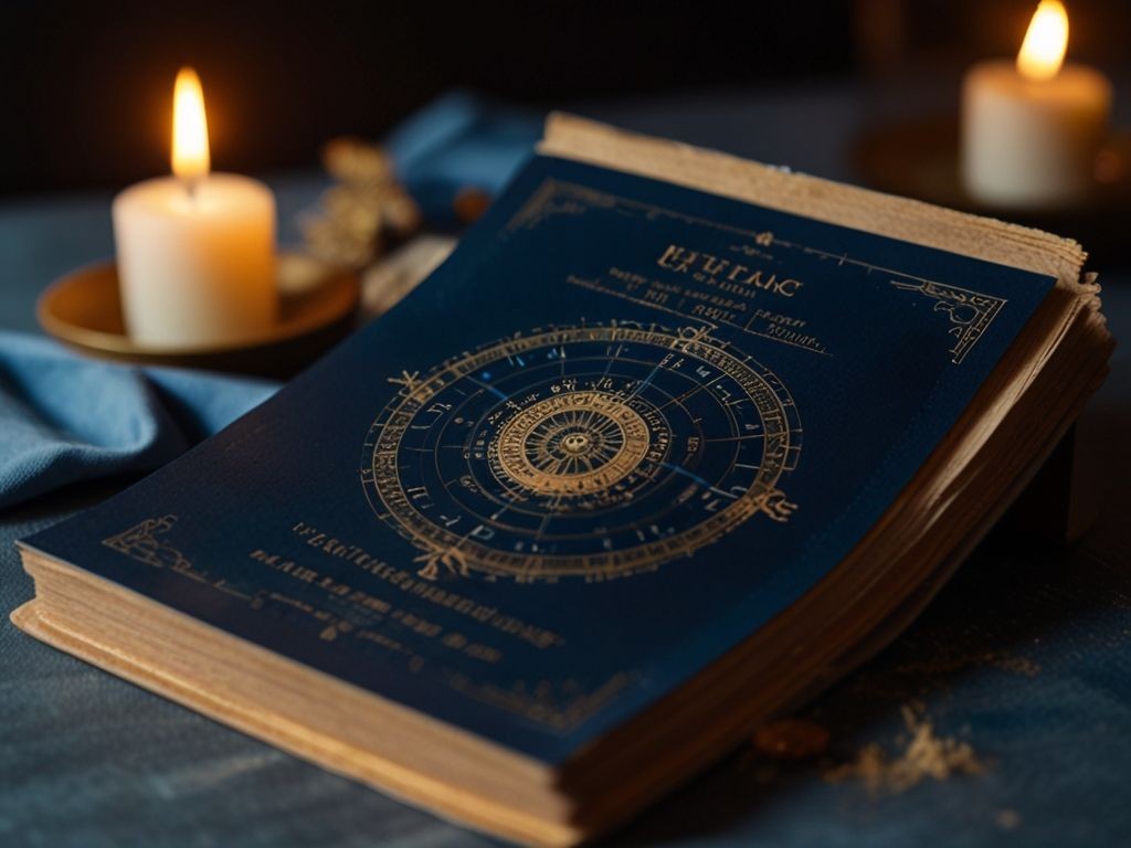 Open mystical book with astrological symbols next to lit candles on a table.