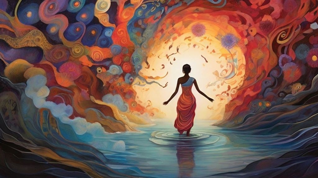 Artistic depiction of a woman in a colorful, surreal landscape with swirling patterns and vibrant colors.